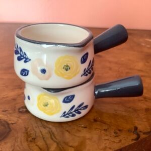 Ceramic Miniature Individual Milk Creamers Syrup 2oz  Yellow Flower  Blue Handle
